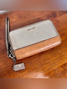 Coach Two-Tone Metallic Silver and Tan Zip Around Wristlet